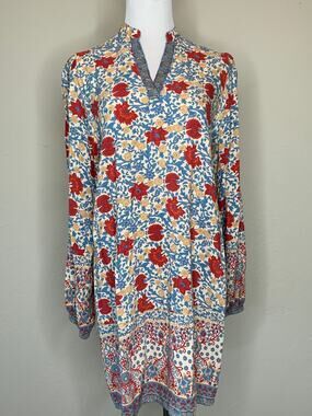 SundayUp Floral Dress Sz Large Cream Orange Gold Blue Boho